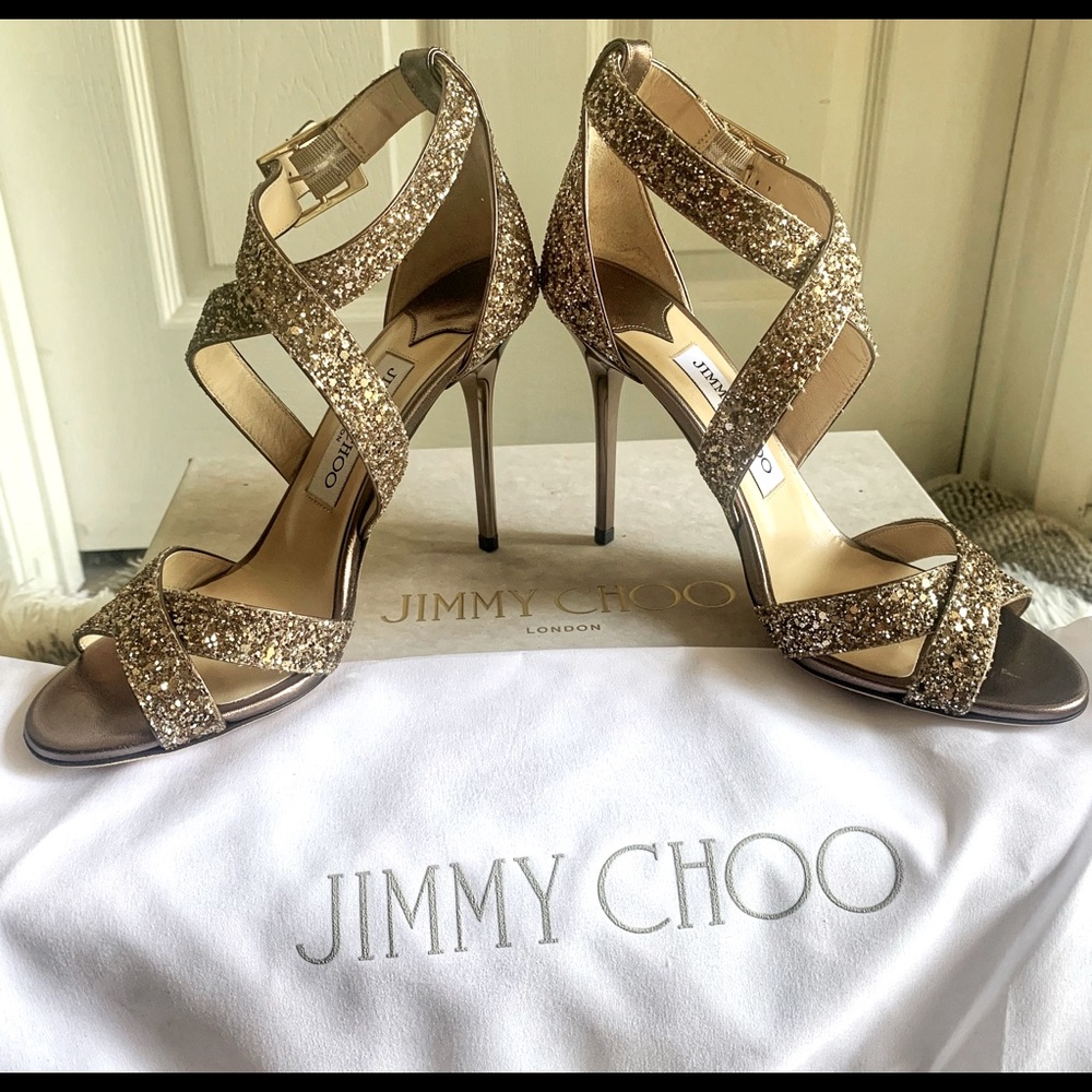 Jimmy Choo Lottie Heels Glitter Antique Gold 6